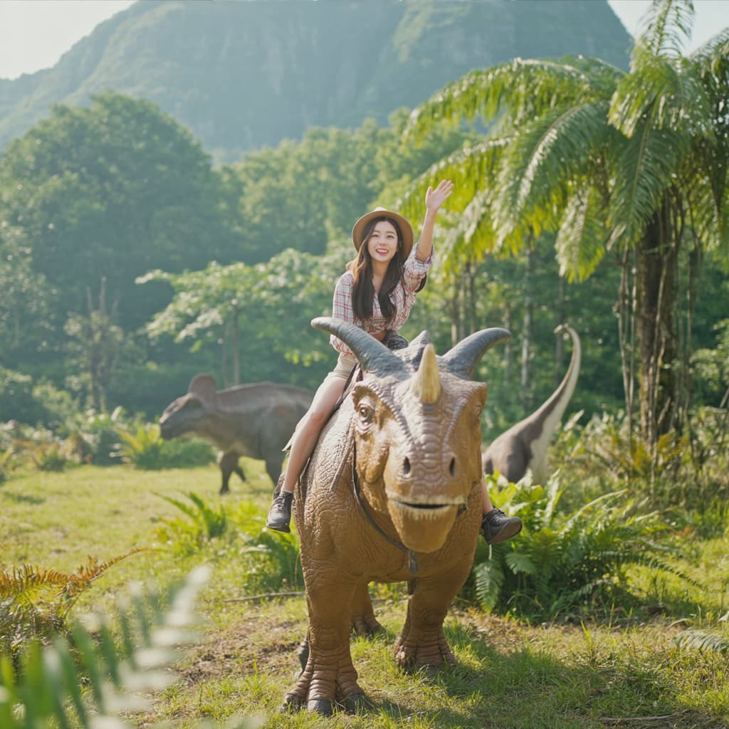 장엄한 트리케라톱스의 등에 올라탄 쾌활한 사람이 등장하는 기발한 쥬라기 사파리 모험 장면입니다. 배경은 우거진 선사 시대 정글로, 양치식물이 우뚝 솟아 있고 멀리 화산 산이 있으며 공룡 몇 마리가 돌아다니고 있습니다. 챙이 넓은 사파리 모자를 쓴 기수가 시청자를 향해 한 손을 신나게 흔들고 있습니다. 따스한 황금빛 햇살이 나뭇잎 사이로 스며들어 생생한 색감으로 영화처럼 매우 섬세하고 사실적인 모습을 연출합니다.