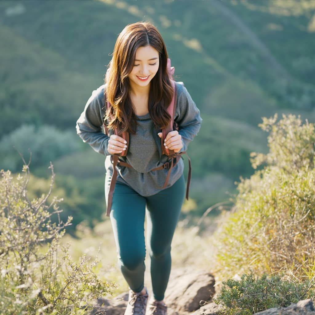 울창한 산악 지역에서 하이킹을 즐기는 한 여성의 사진입니다. 이 여성은 짙은 청록색 레깅스와 소매를 팔꿈치까지 걷어 올린 습기를 흡수하는 회색 긴팔 셔츠, 튼튼한 등산화로 구성된 편안한 하이킹 복장을 하고 있습니다. 산들바람이 부는 긴 갈색 웨이브 머리와 주변의 경치를 즐기고 있는 듯 따뜻하고 진심 어린 미소를 짓고 있습니다. 부드러운 자연광이 이 장면을 비추며 그녀가 오솔길을 오르는 평화롭고 모험적인 느낌을 연출합니다.