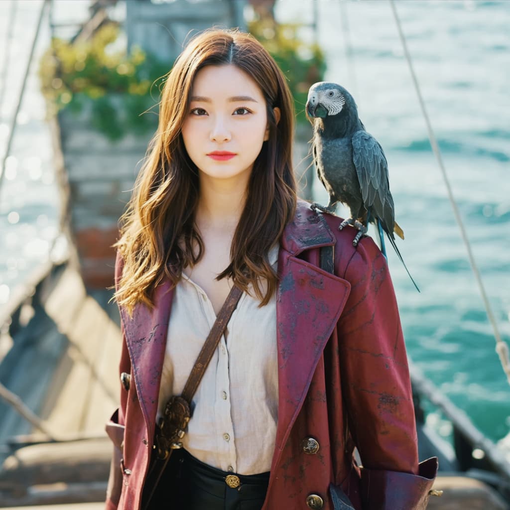 낡은 목선의 갑판 위에 당당히 서 있는 해적 선장의 드라마틱한 초상화 사진 한 장입니다. 그녀는 단순한 리넨 셔츠 위에 너덜너덜해진 진홍색 코트를 입고 있으며, 바다에서의 고단한 삶이 새겨진 얼굴과 자신감 있고 결연한 표정이 이목구비를 빛내고 있습니다. 그녀의 어깨 위에는 앵무새 한 마리가 앉아 있고, 그 깃털은 수평선까지 펼쳐진 청록색 파도에 반사되어 따뜻한 햇살에 반짝이고 있습니다. 황금빛 광선이 장면을 가로질러 춤을 추며 갑판의 낡은 널빤지를 비추고 해적 선장의 위풍당당한 존재감을 강조합니다.