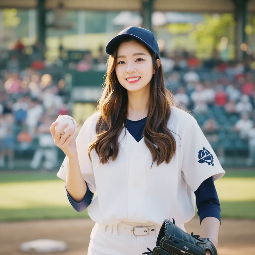 투수 마운드에 서서 자신감 있게 카메라를 응시하는 숙련된 투수의 생생한 사진 한 장입니다. 그녀는 남색 디테일과 팀 엠블럼이 소매에 스티치된 세련된 흰색 야구 유니폼을 입고 있으며, 남색 야구 모자 아래에는 긴 웨이브 갈색 머리카락을 늘어뜨렸습니다. 한 손에는 야구공을 들고 다른 한 손에는 글러브를 꽉 쥔 채 밝은 오후 햇살 아래 응원하는 팬들로 가득 찬 북적이는 야구장을 배경으로 에너지와 결단력을 발산하고 있습니다. 따뜻한 황금빛 조명이 그녀의 집중된 표정과 운동하는 자세를 비추며 활기찬 야구 경기의 흥분과 기운을 전달합니다.