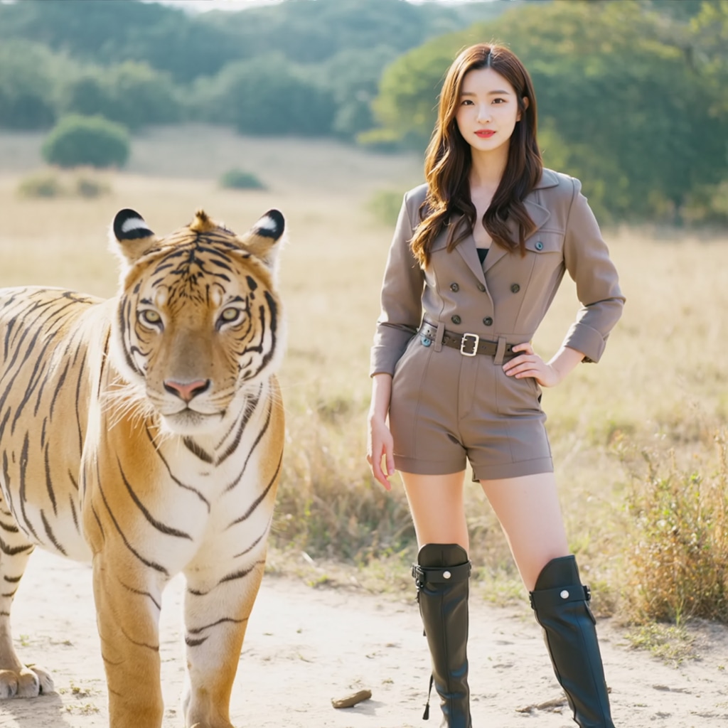 사파리 모험을 떠나는 세련된 20세 한국 여성이 장엄한 호랑이 옆에 당당하게 서서 정면을 바라보는 모습을 담은 매혹적인 라이프스타일 사진이 공개되었습니다. 베이지색 사파리 정장을 우아하게 차려입고 키가 크고 튼튼한 부츠를 신은 그녀는 스타일리시한 사파리 모자를 쓰고 있습니다. 광활하고 햇살이 내리쬐는 사바나가 지평선을 향해 펼쳐져 있으며, 결연한 눈빛으로 풍경을 바라보는 그녀의 모습에서 무한한 탐험과 설렘을 느낄 수 있습니다. 따뜻한 황금빛 조명이 장면을 가득 채우며 주변의 아름다운 자연과 모험가의 당당한 존재감을 강조합니다.
